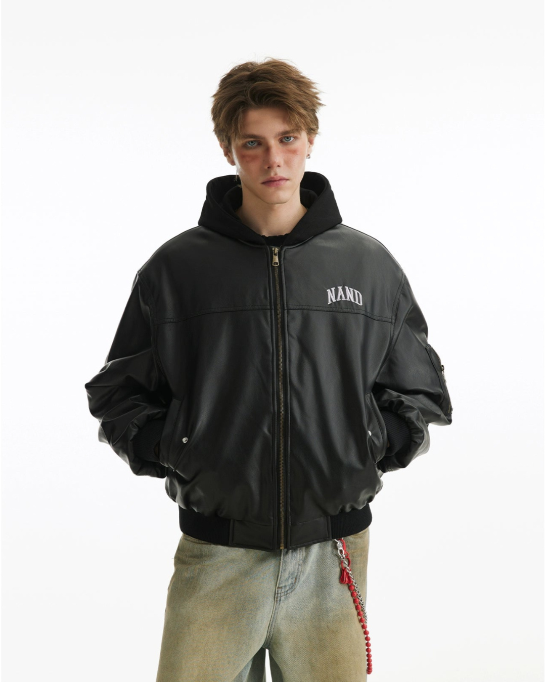 Two Pieces PU Lint Bomber Hooded Jacket