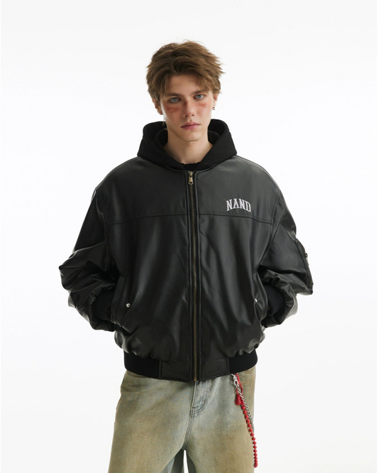 Two Pieces PU Lint Bomber Hooded Jacket