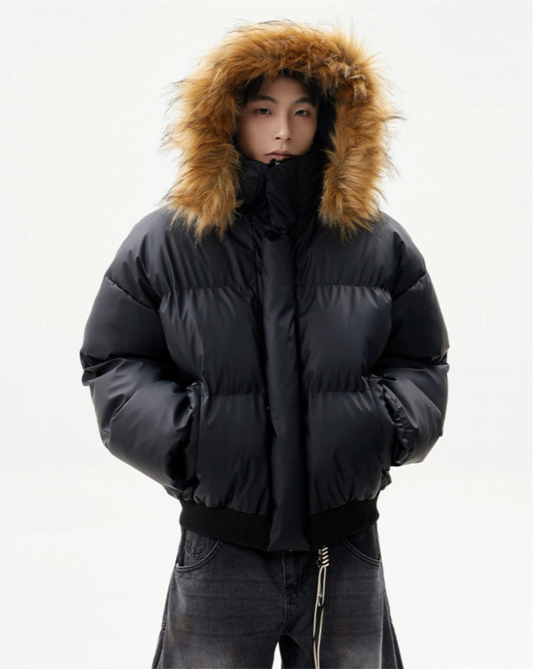 Soft PU Veneer Puffer Jacket Detachable Hood