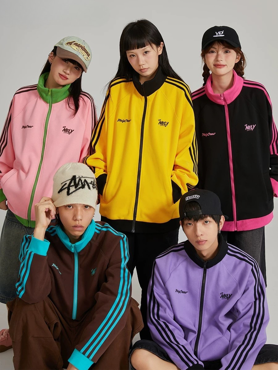 Stitched Striped Stand Up Collar Casual Zipper Jacket