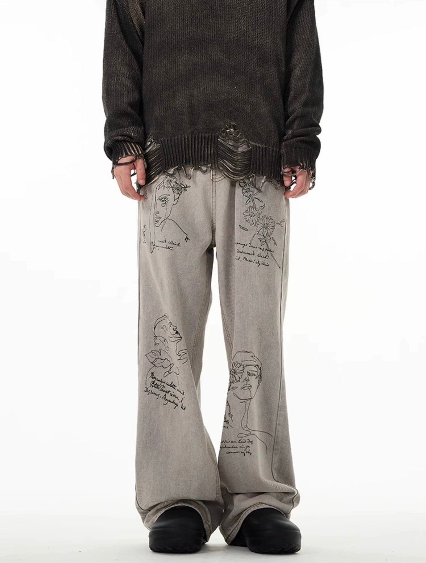 Face Embroidered Baggy Jeans