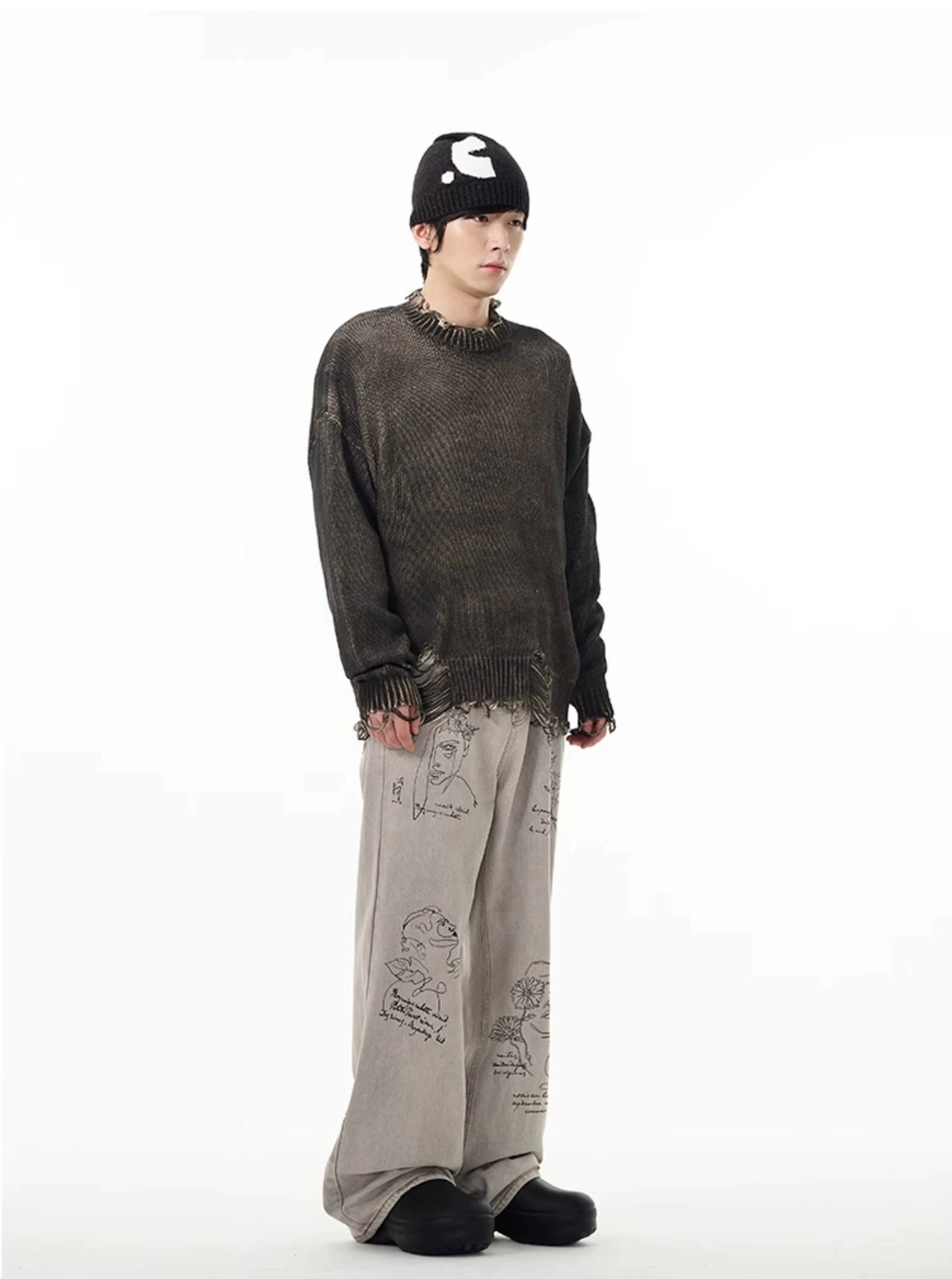 Face Embroidered Baggy Jeans