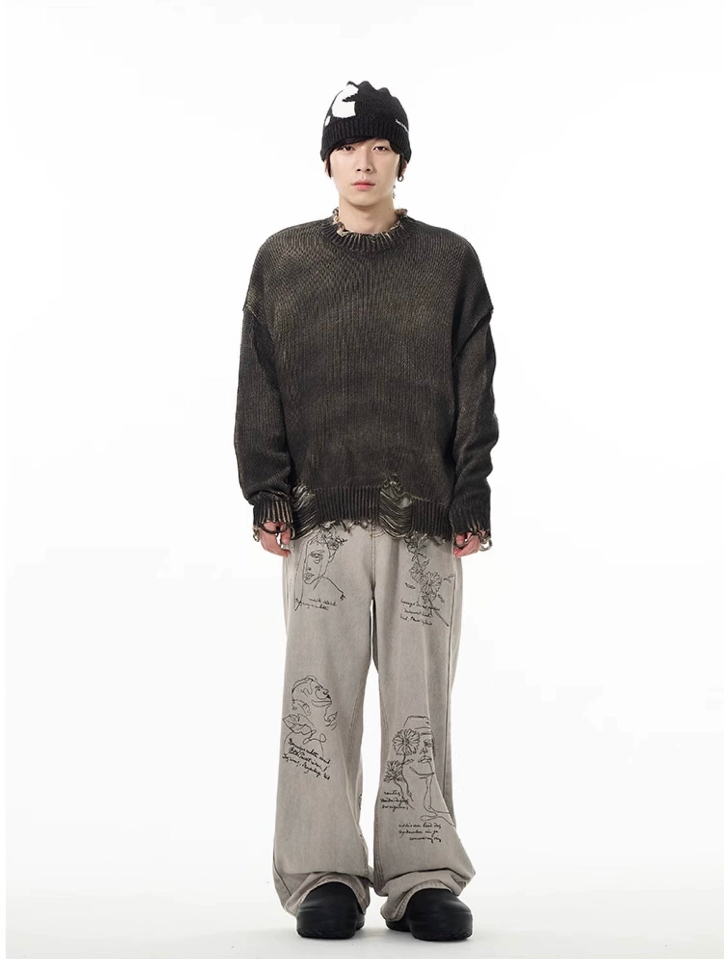 Face Embroidered Baggy Jeans