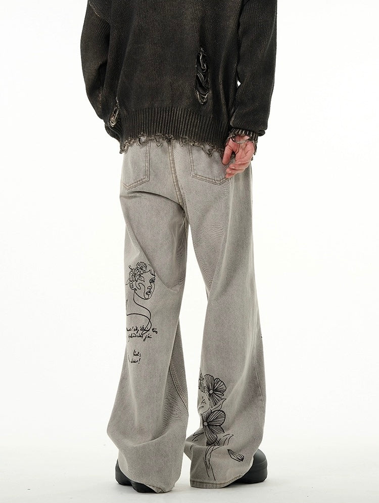 Face Embroidered Baggy Jeans