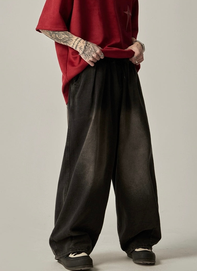 Retro Washed Distressed Drawstring Jeans