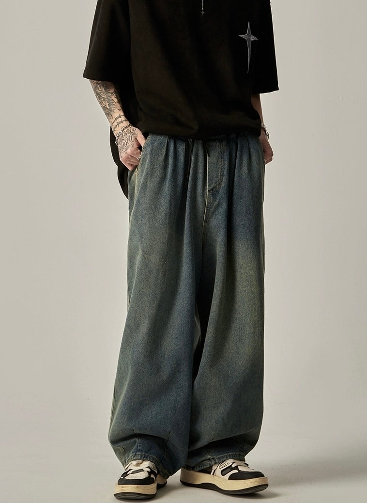 Retro Washed Distressed Drawstring Jeans