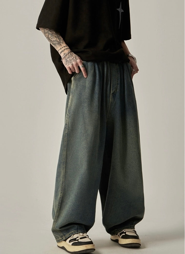 Retro Washed Distressed Drawstring Jeans