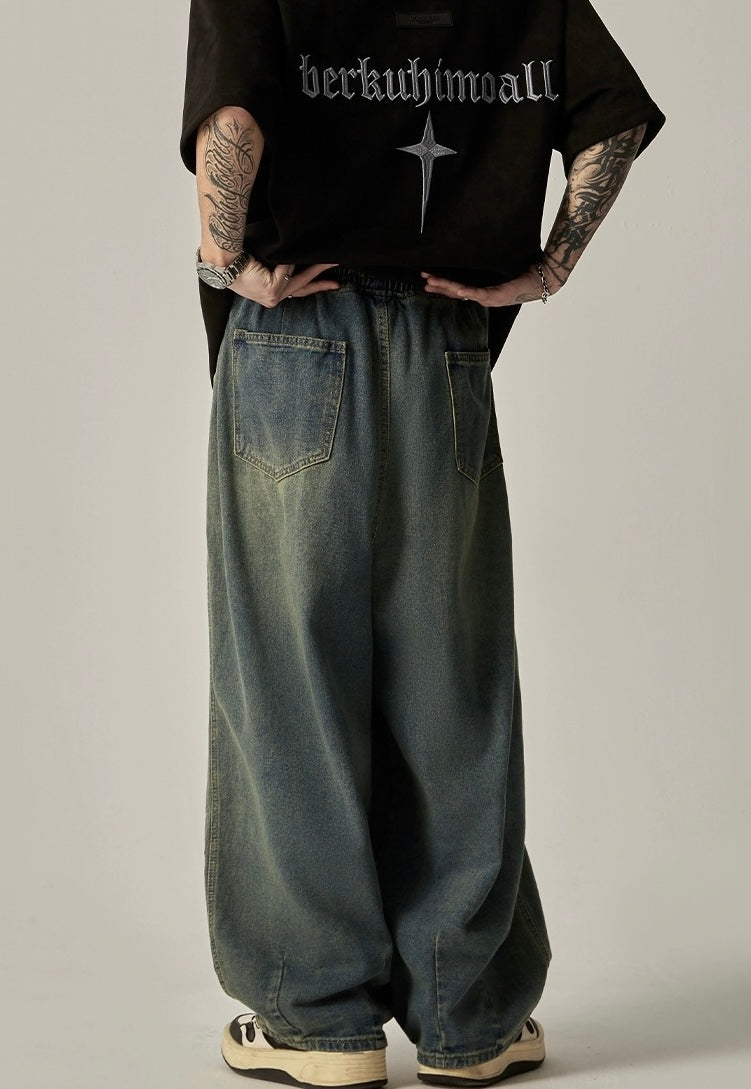 Retro Washed Distressed Drawstring Jeans