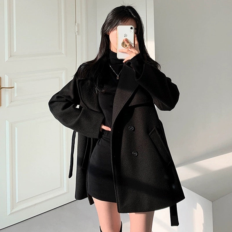 JK33 | French collar tie waist slim long sleeve coat jacket