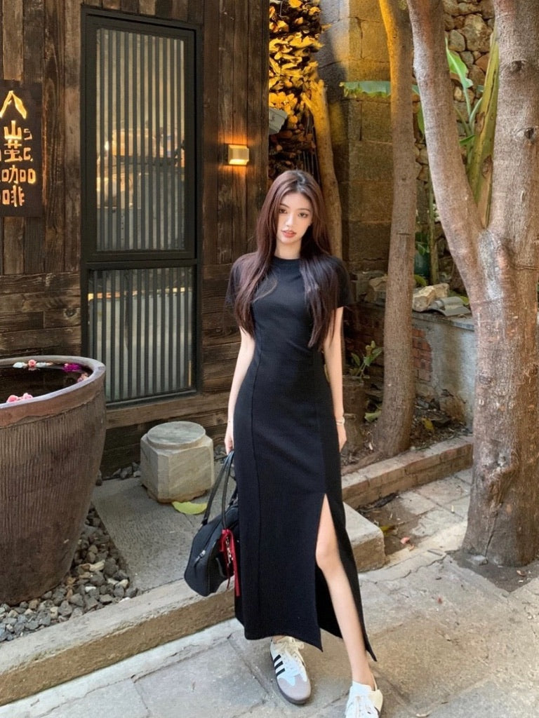 DS36 | Slim waist slit straight long dress