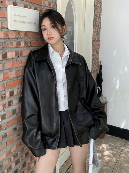 SET48 | Brown, Black Leather Jacket & Skirt Set