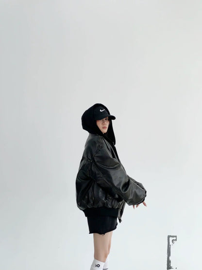 JK39 | Leather Puffer Black Jacket