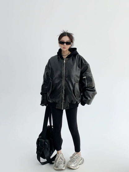 JK39 | Leather Puffer Black Jacket