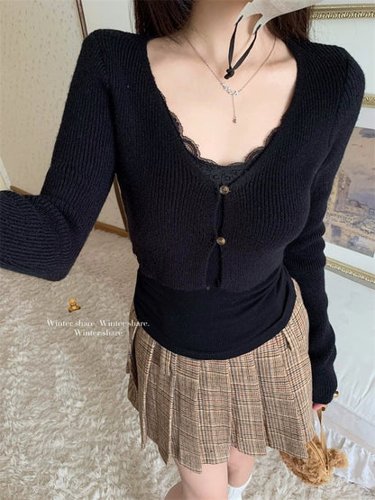 TP75 | Lace low collar cardigan with sexy mini top