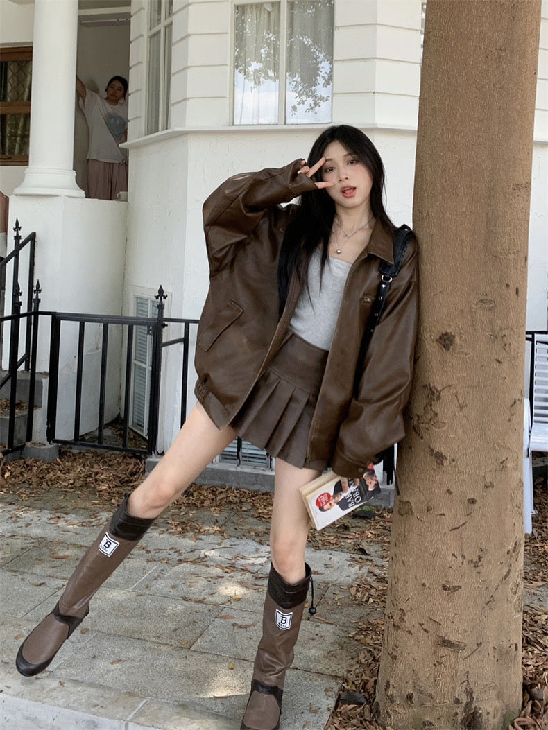 Brown skirt leather jacket best sale