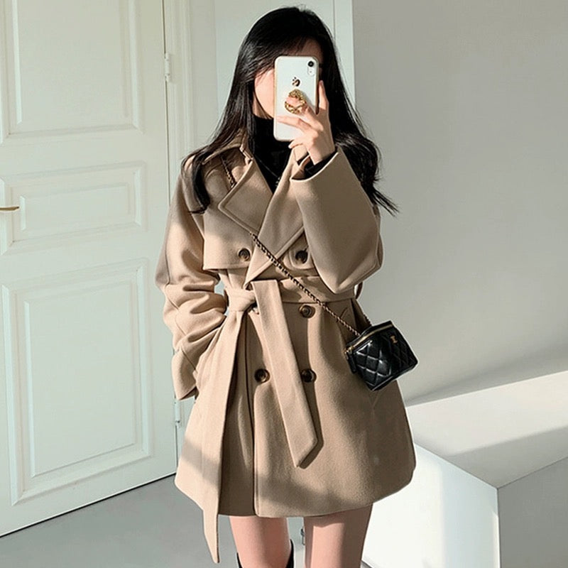 JK33 | French collar tie waist slim long sleeve coat jacket