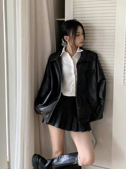 SET48 | Brown, Black Leather Jacket & Skirt Set