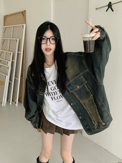 JK35 | Retro distressed raw edge denim jacket