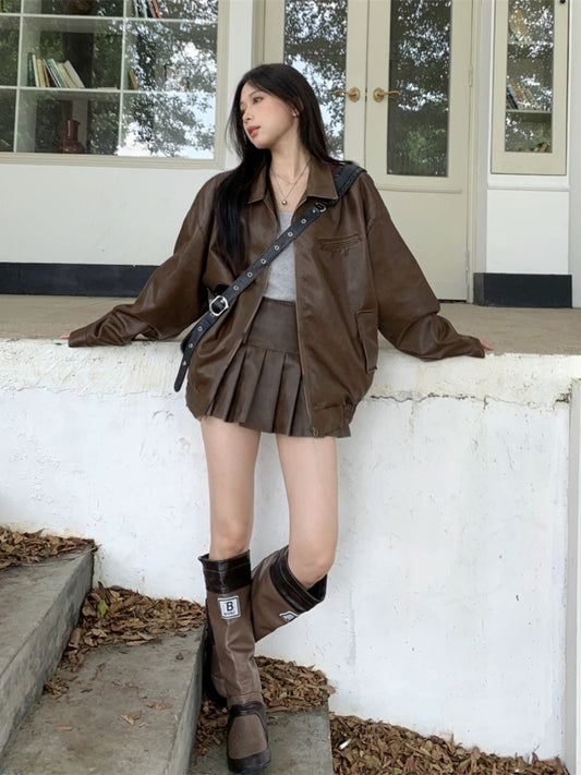 SET48 | Brown, Black Leather Jacket & Skirt Set