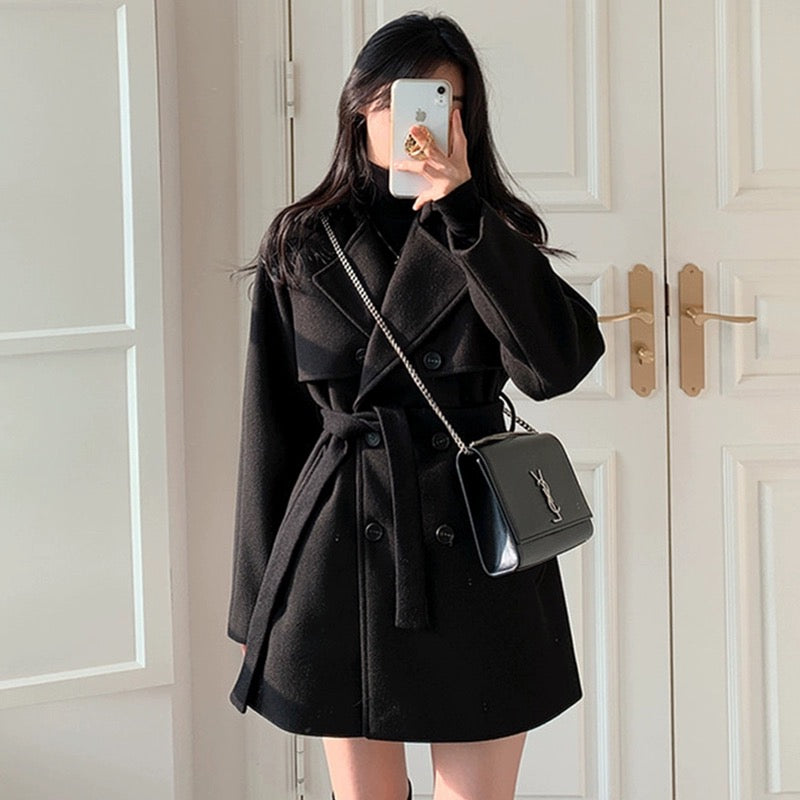 JK33 | French collar tie waist slim long sleeve coat jacket