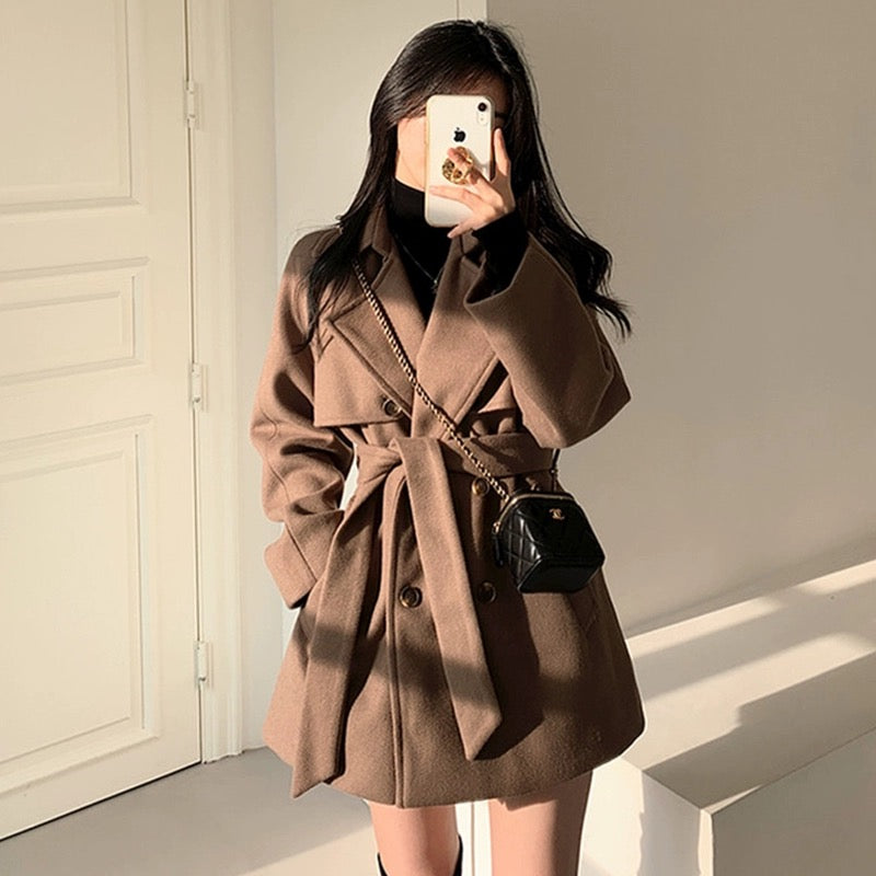 JK33 | French collar tie waist slim long sleeve coat jacket