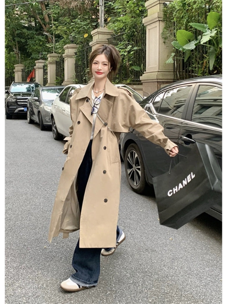 JK32 | British style high-end fashion classic versatile double-breasted mid-length trench coat