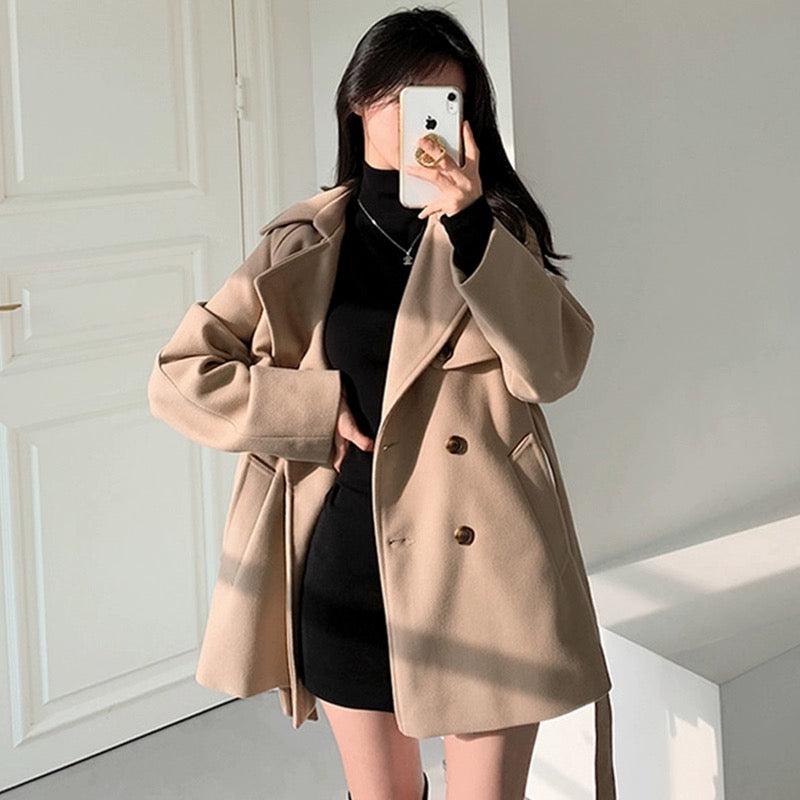 JK33 | French collar tie waist slim long sleeve coat jacket