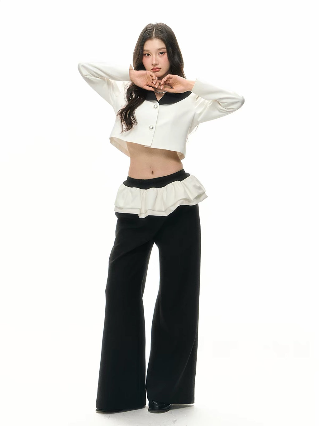 Contrast Sailor-Collar Cropped Blazer & Flared Wide-Leg Pants Set