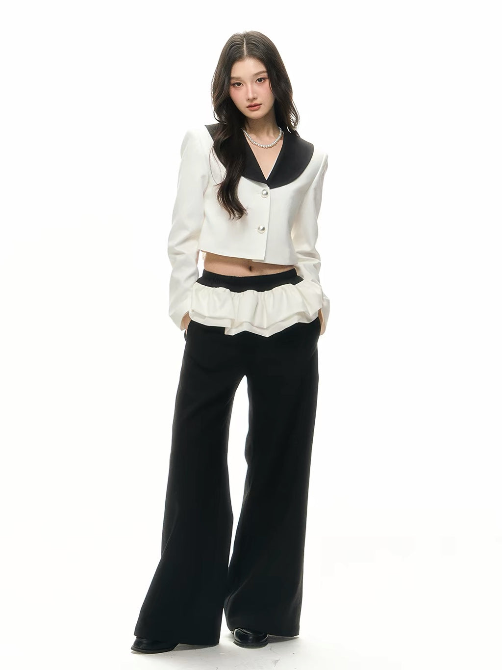 Contrast Sailor-Collar Cropped Blazer & Flared Wide-Leg Pants Set