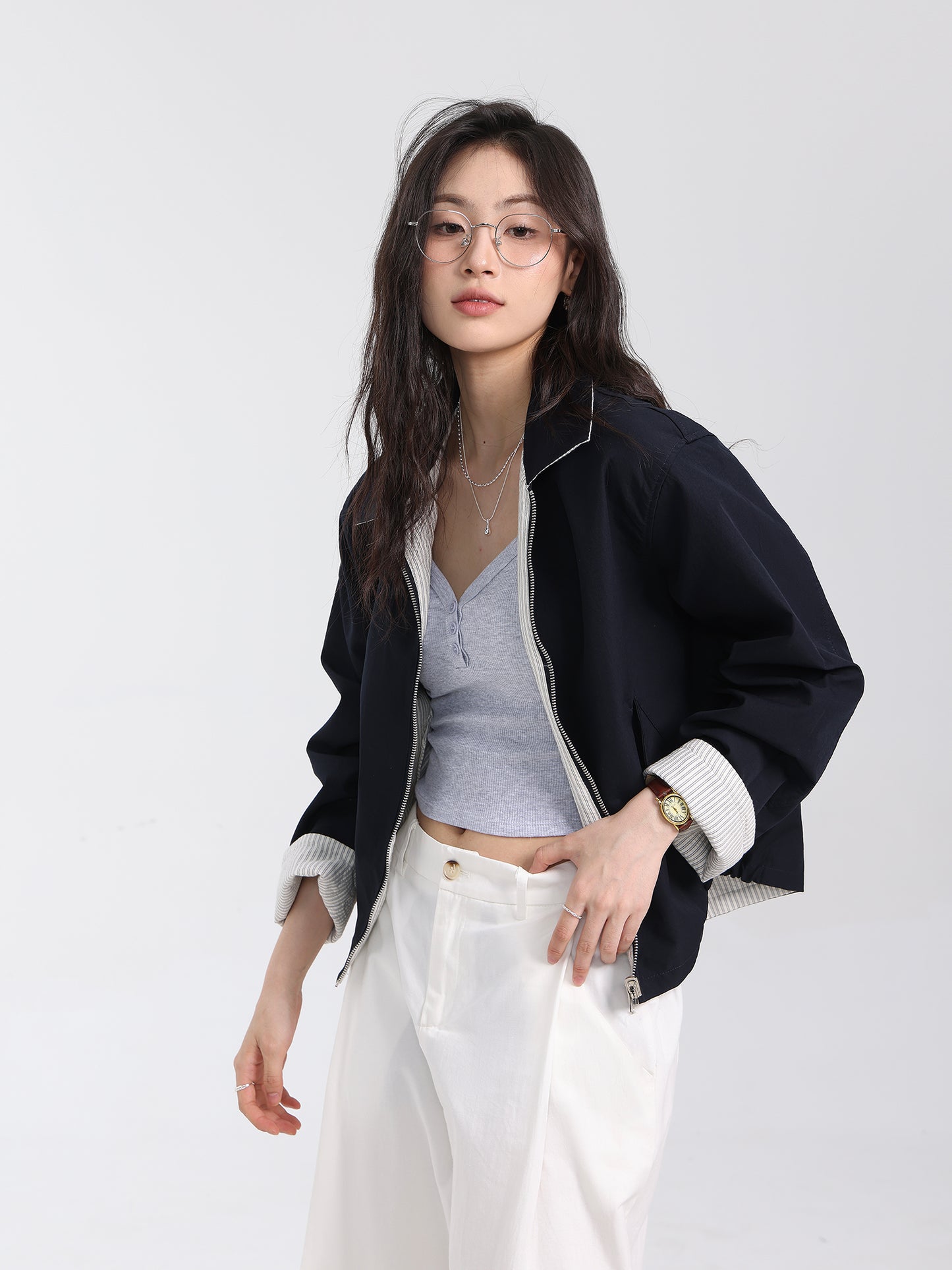Reversible White Navy Korean Retro Striped Jacket