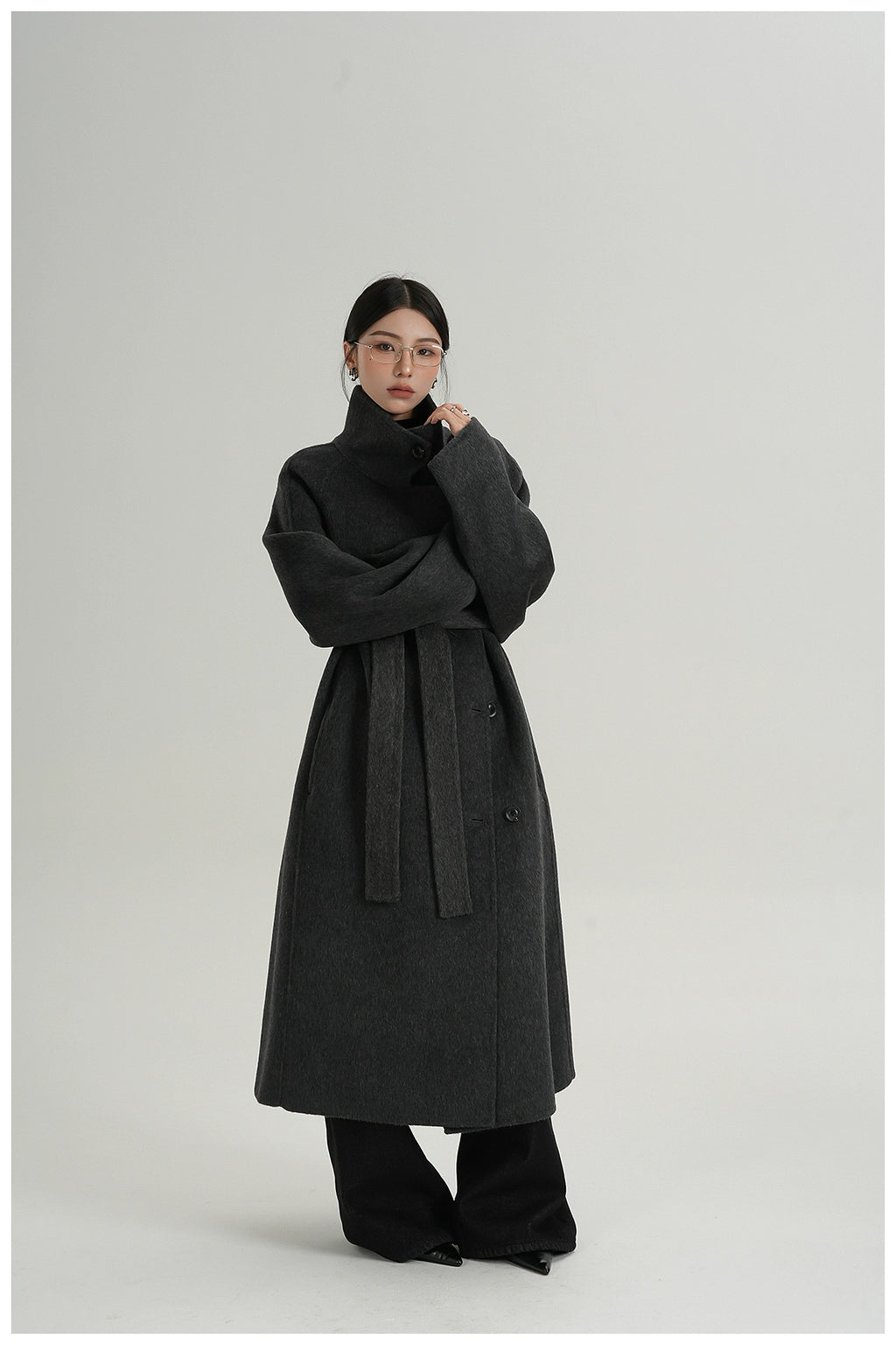 Premium Temperament Stand Collar Grey Long Coat