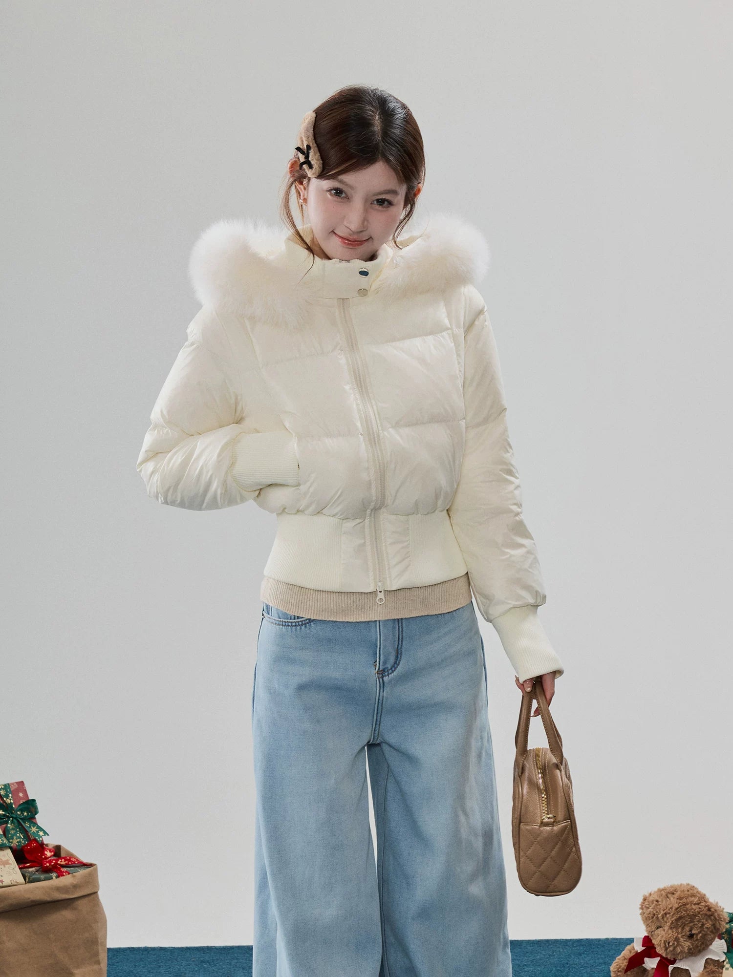Fur-Trim Hooded Quilted Puffer Jacket