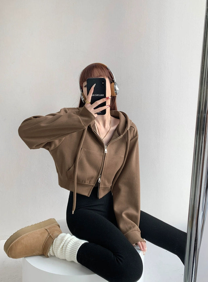 Casual Crop Top Zipper Hooded Jacket