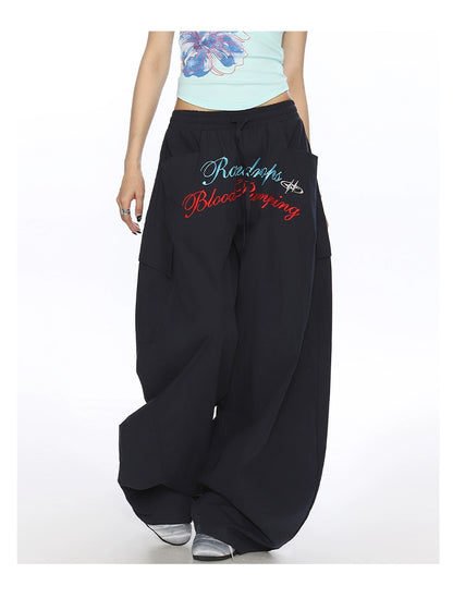 Letter Embroidery Loose Straight Casual Pants