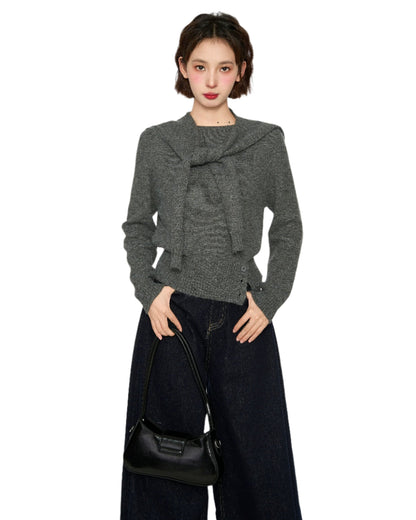 Grey Shoulder Pullover Long-sleeved Sweater