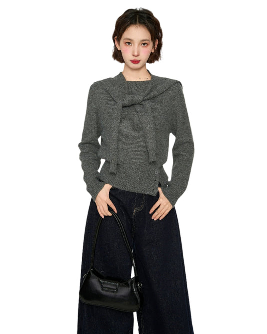 Grey Shoulder Pullover Long-sleeved Sweater