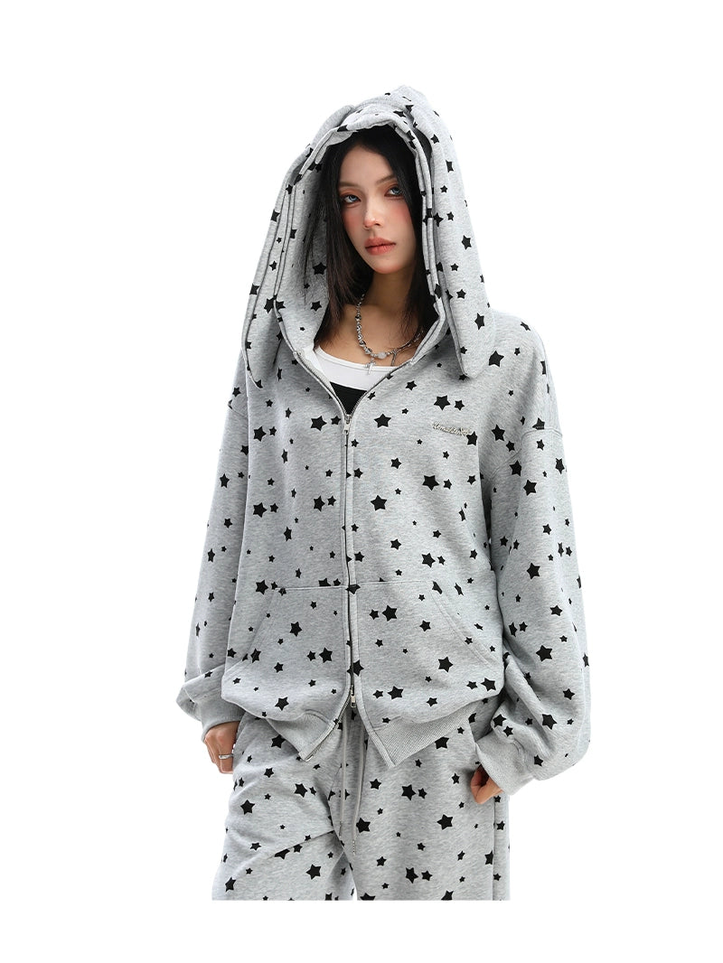 Full Print Star Rabbit Ears Hooded Sweatshirt Set