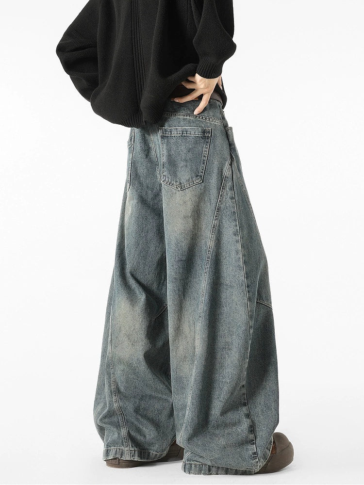 Deconstructed Broken Wide-Leg Washed Jeans