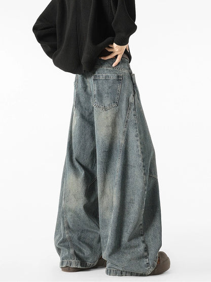 Deconstructed Broken Wide-Leg Washed Jeans