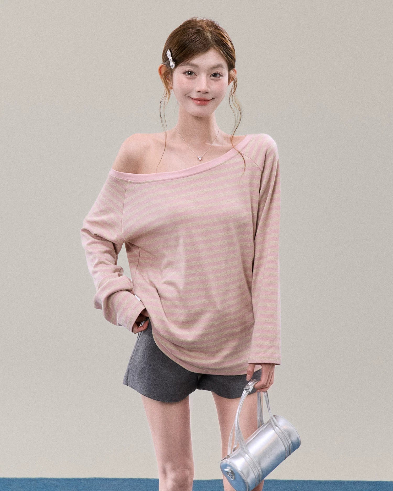 Off-Shoulder Pink Striped Knit Top