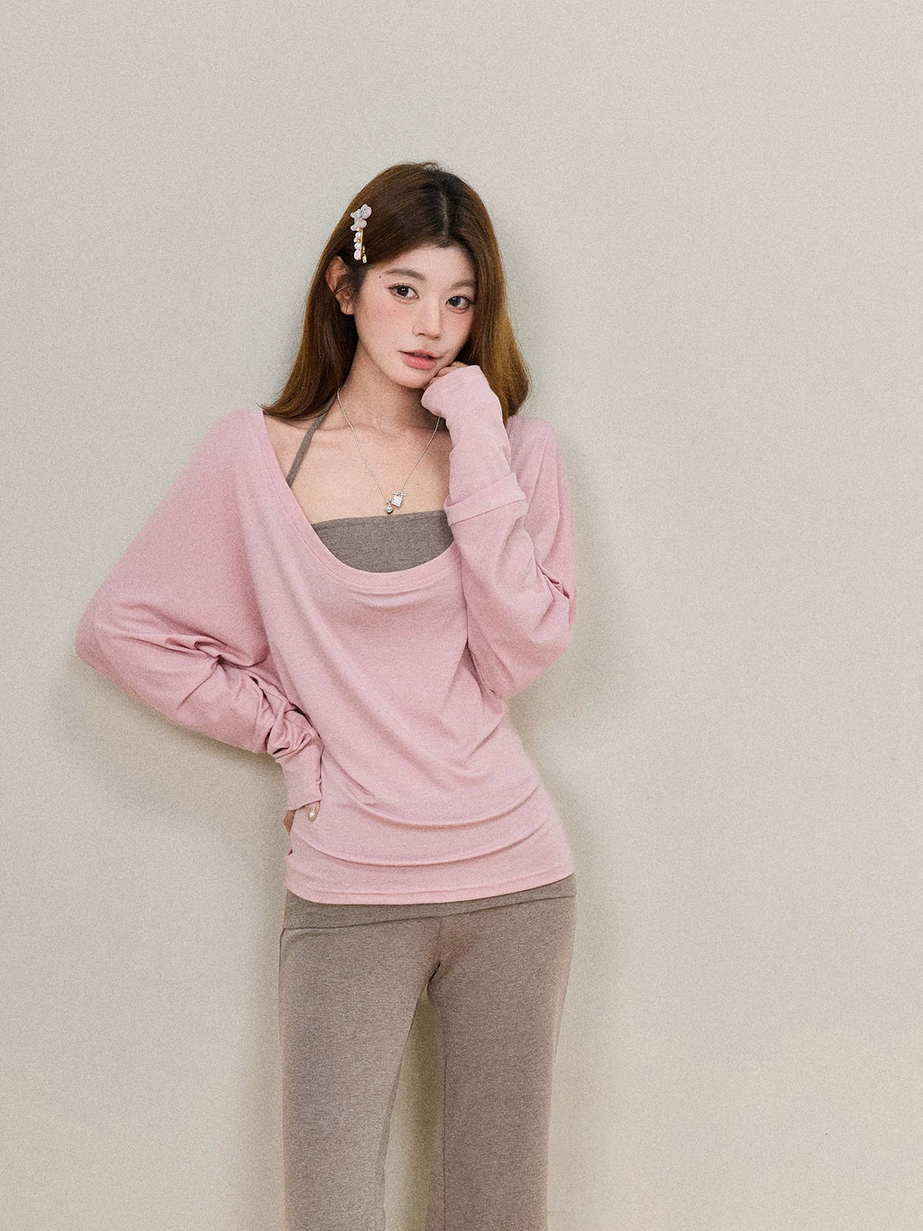 Off-Shoulder Cami-Layered Knit Top Set