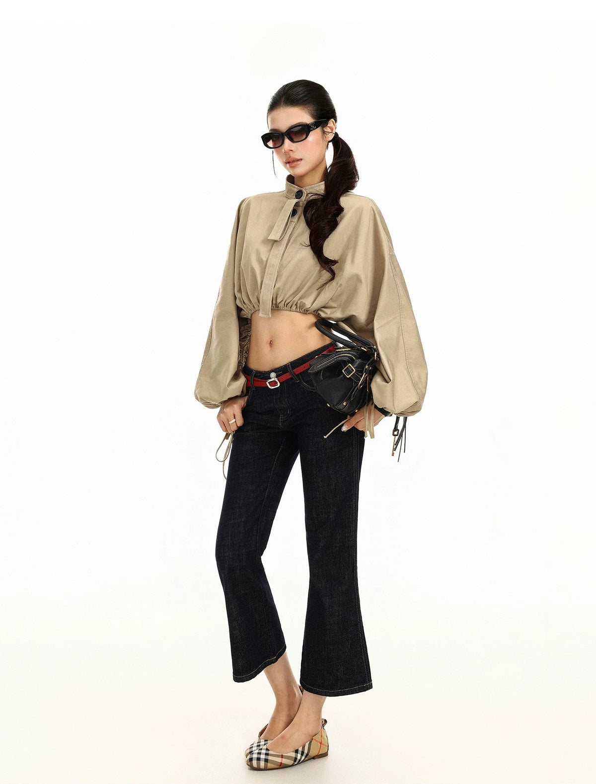 Drawstring Balloon Sleeve Cropped Jacket