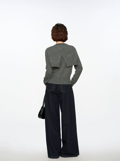 Grey Shoulder Pullover Long-sleeved Sweater