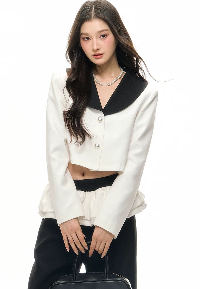 Contrast Sailor-Collar Cropped Blazer & Flared Wide-Leg Pants Set