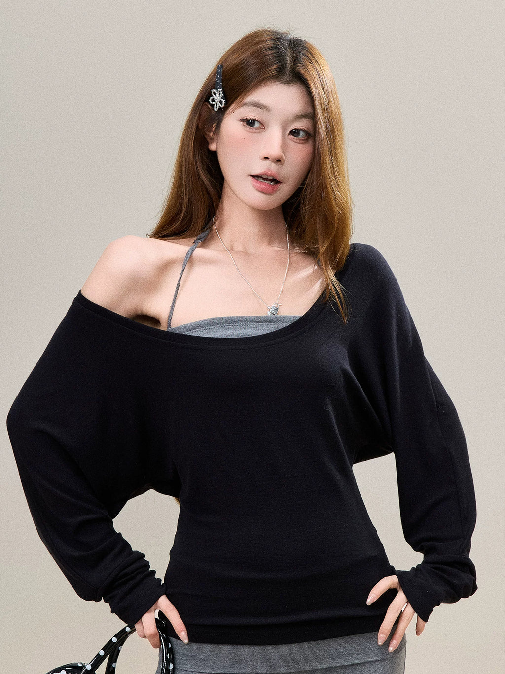 Off-Shoulder Cami-Layered Knit Top Set