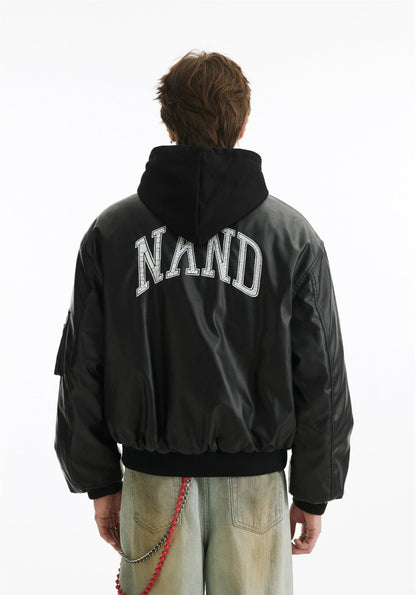 Two Pieces PU Lint Bomber Hooded Jacket