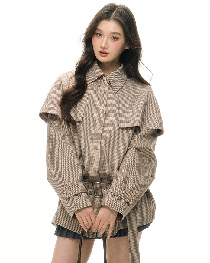 Houndstooth Detachable Cape Trench Jacket