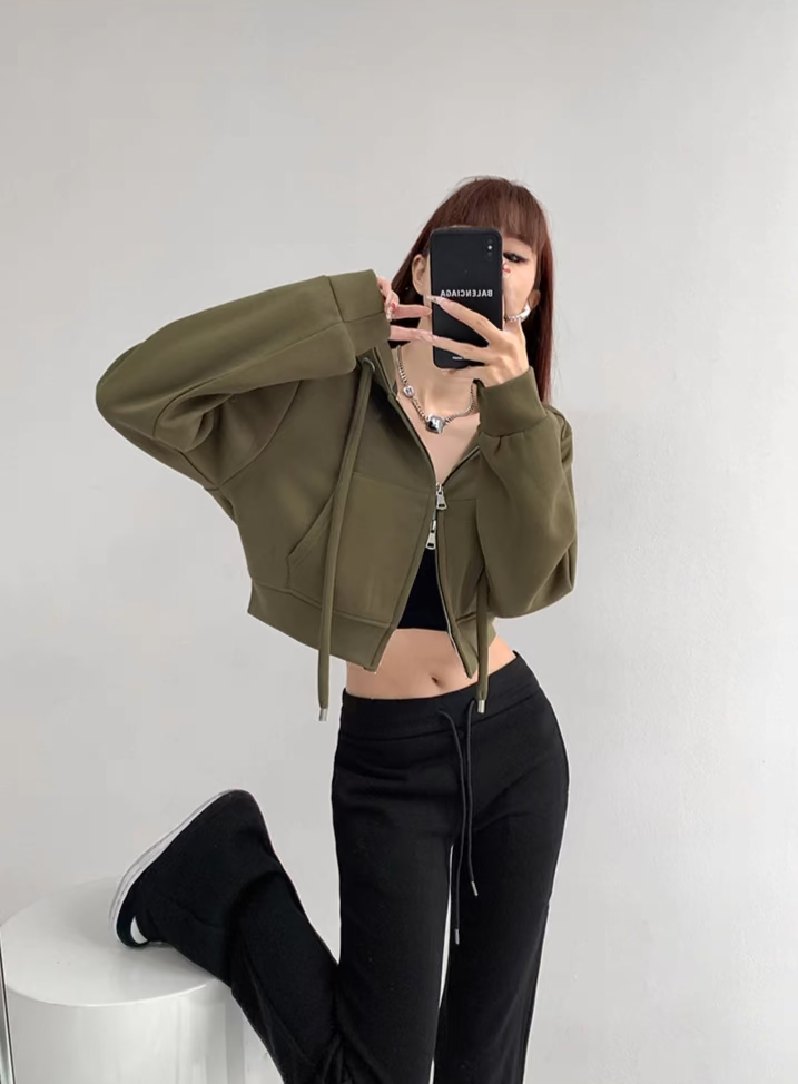 Casual Crop Top Zipper Hooded Jacket