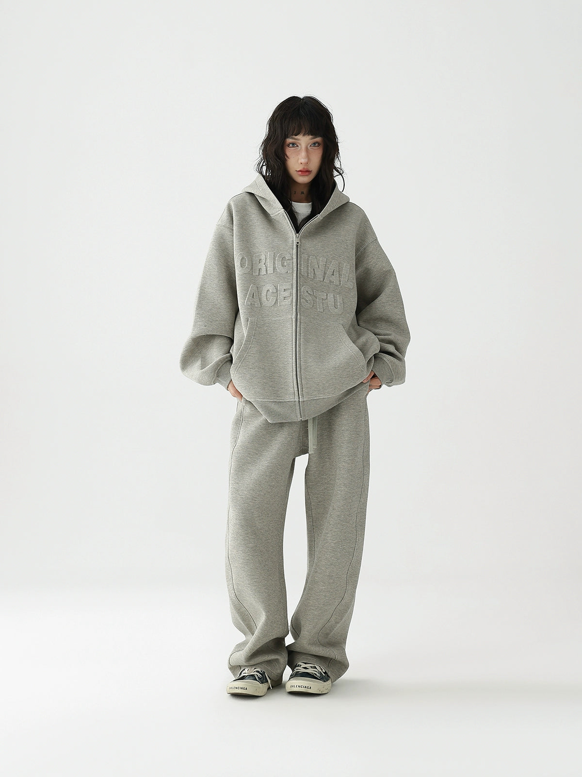 Embossed Set Hooded Zip Cardigan Sweatshirt Jacket + Athleisure Trousers