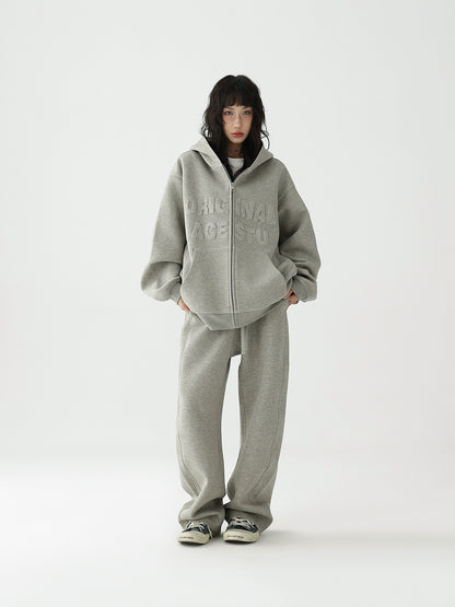 Embossed Set Hooded Zip Cardigan Sweatshirt Jacket + Athleisure Trousers
